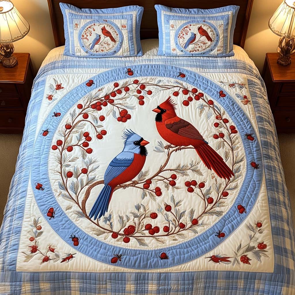 Winter Melody quilted 3-piece bedding set on a made bed in a winter-styled bedroom