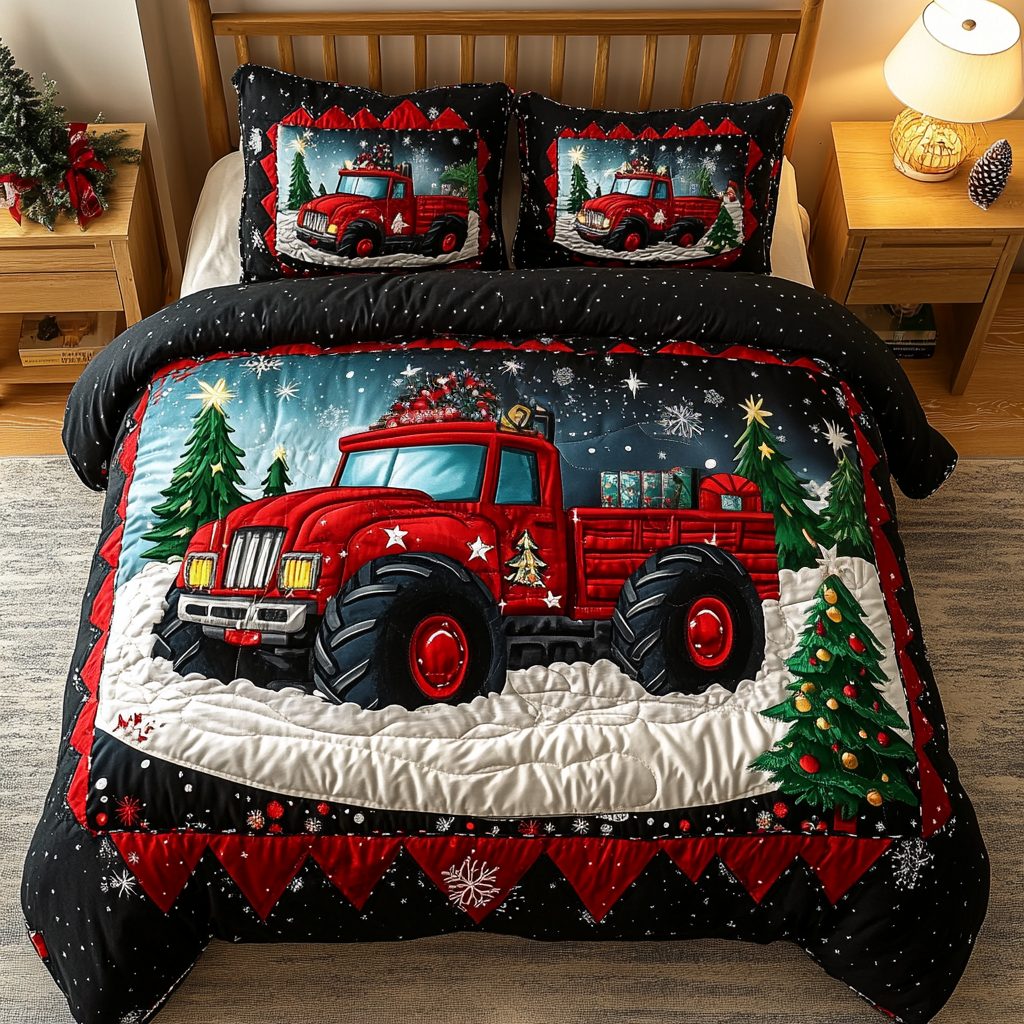 Winter Monster Truck quilted 3-piece bedding set on a made bed in a winter-styled bedroom
