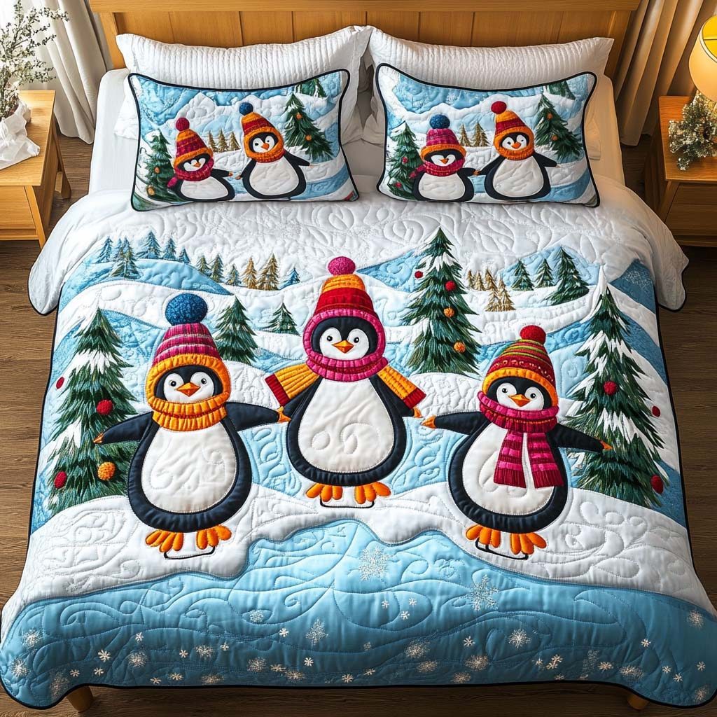 Winter Parade quilted 3-piece bedding set on a made bed in a winter-styled bedroom