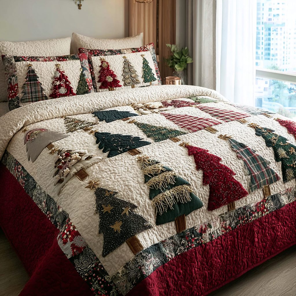 Winter Path quilted 3-piece bedding set on a made bed in a winter-styled bedroom