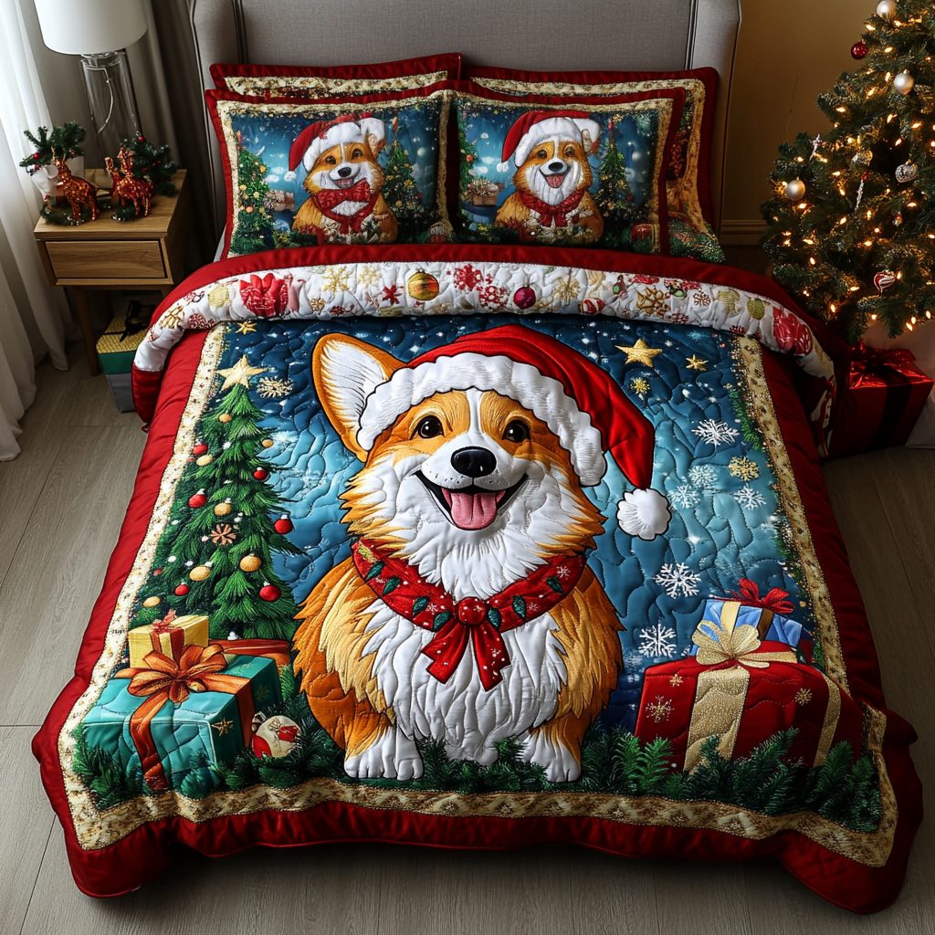 Winter Paws quilted 3-piece bedding set on a made bed in a winter-styled bedroom