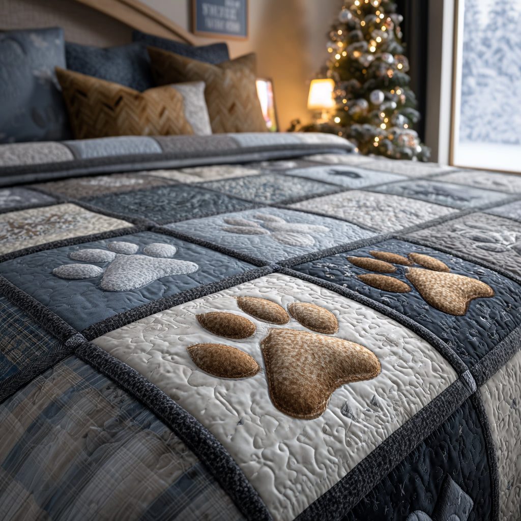 Winter Paws quilted 3-piece bedding set on a made bed in a winter-styled bedroom