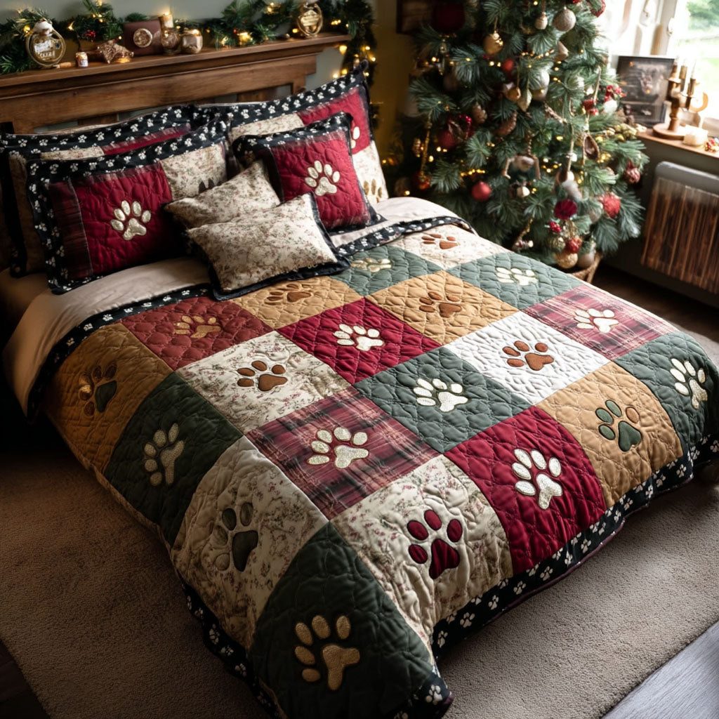 Winter Paws quilted 3-piece bedding set on a made bed in a winter-styled bedroom