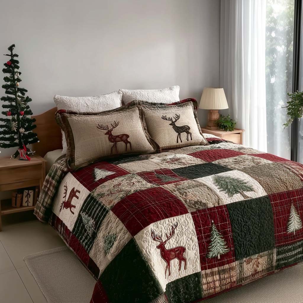 Winter Pine Dreams quilted 3-piece bedding set on a made bed in a winter-styled bedroom