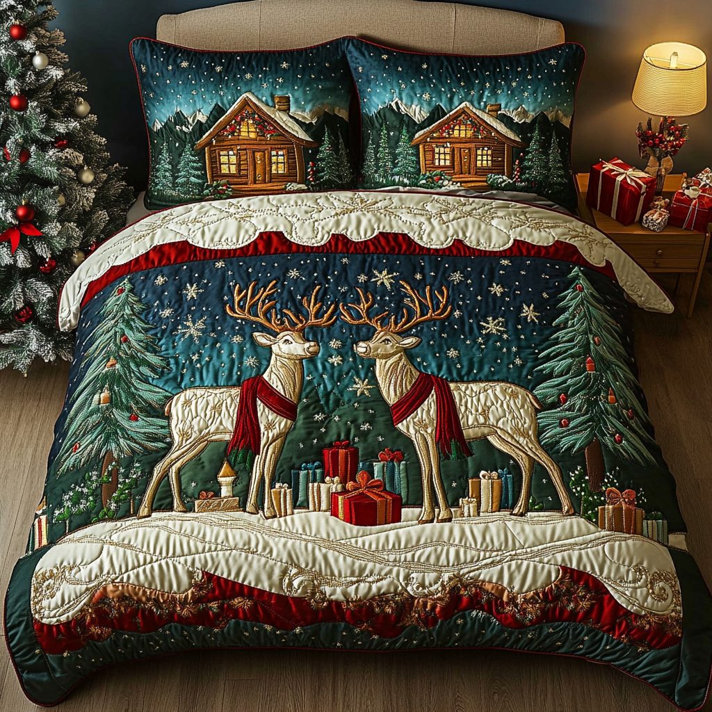 Winter Prance quilted 3-piece bedding set on a made bed in a winter-styled bedroom