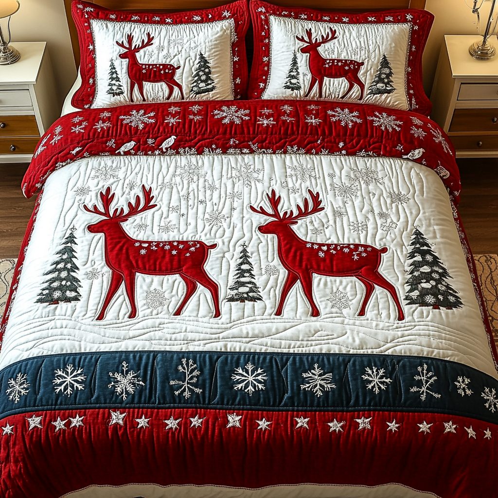 Winter Prancing Delight quilted 3-piece bedding set on a made bed in a winter-styled bedroom