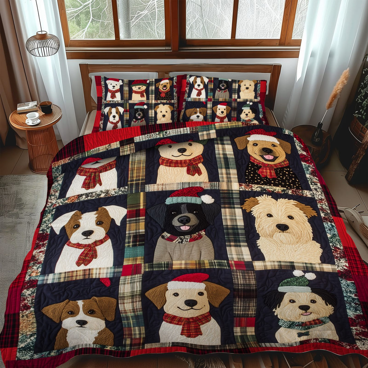 Winter Puppy Wonderland quilted 3-piece bedding set on a made bed in a winter-styled bedroom