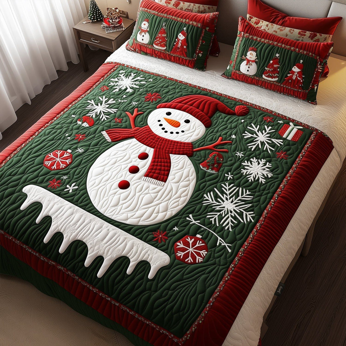 Winter Radiance quilted 3-piece bedding set on a made bed in a winter-styled bedroom