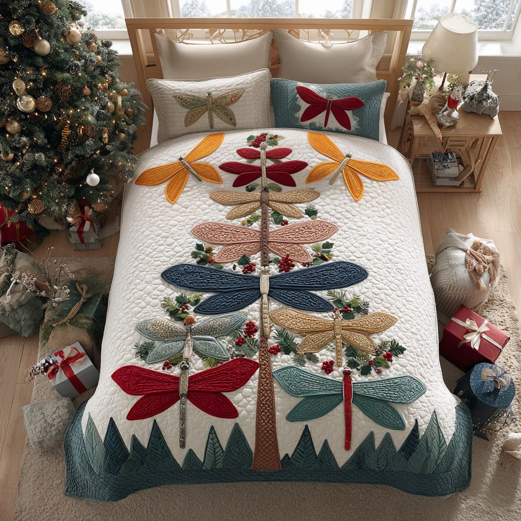 Winter Radiance Wings quilted 3-piece bedding set on a made bed in a winter-styled bedroom