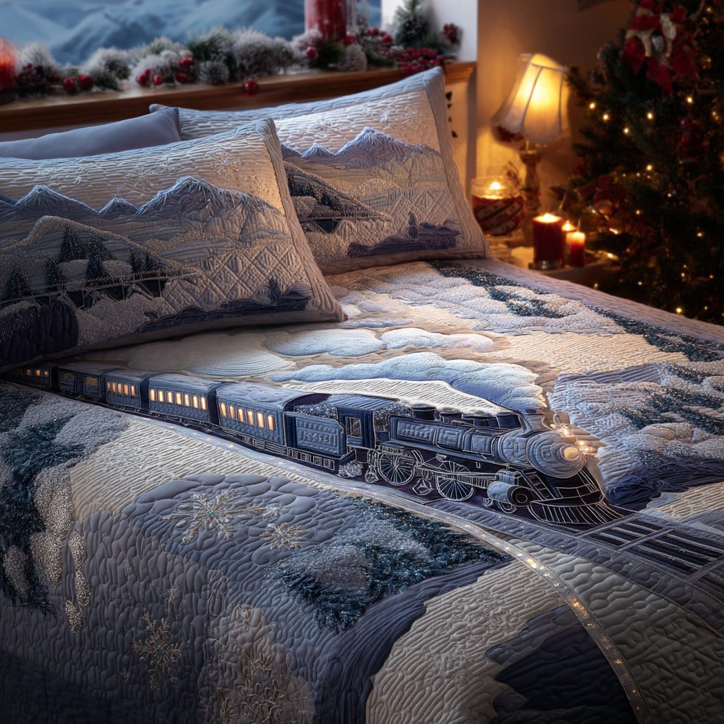 Winter Rail Ride quilted 3-piece bedding set on a made bed in a winter-styled bedroom
