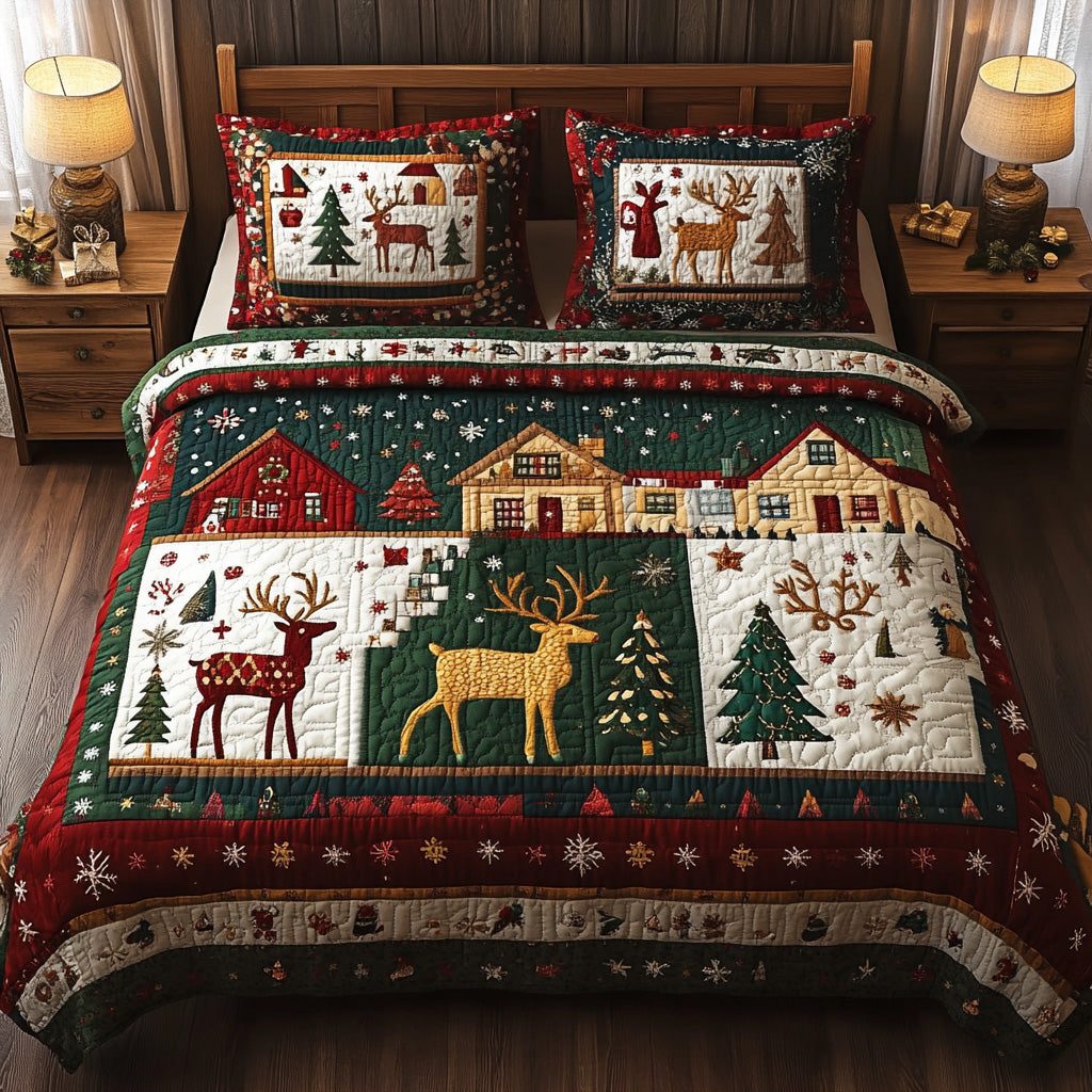 Winter Reindeer quilted 3-piece bedding set on a made bed in a winter-styled bedroom
