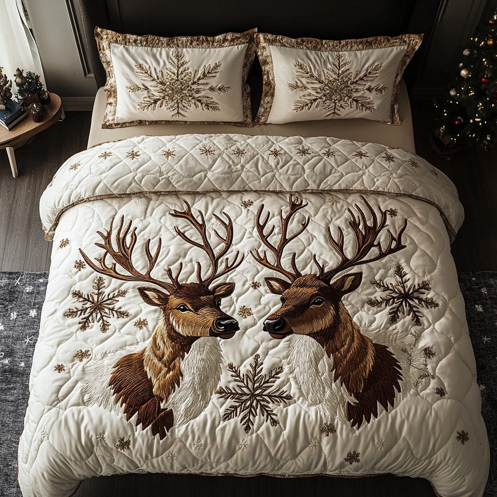 Winter Reins quilted 3-piece bedding set on a made bed in a winter-styled bedroom