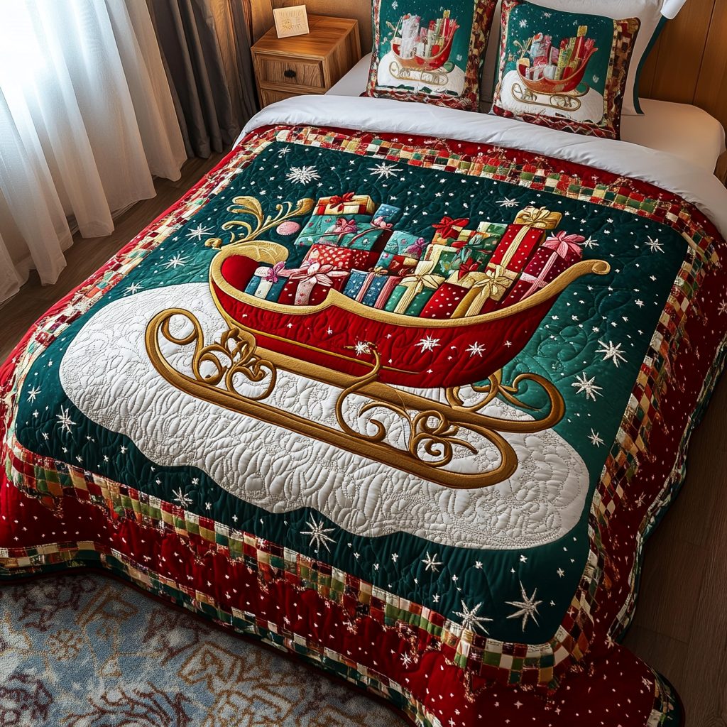 Winter Sleigh quilted 3-piece bedding set on a made bed in a winter-styled bedroom