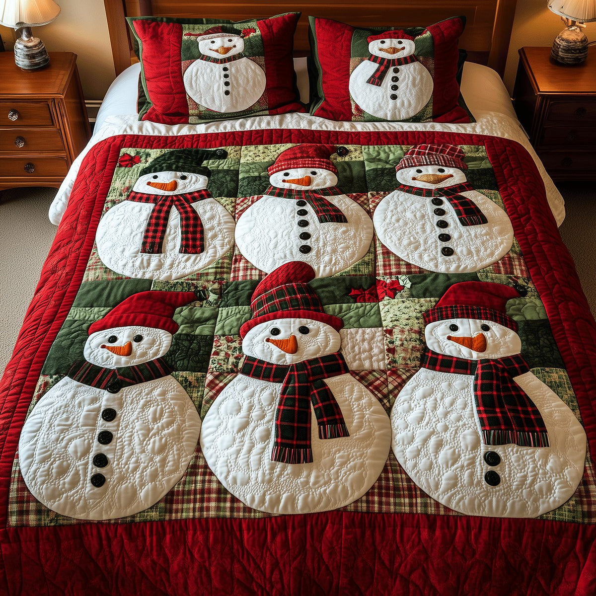 Winter Snowman Joy quilted 3-piece bedding set on a made bed in a winter-styled bedroom