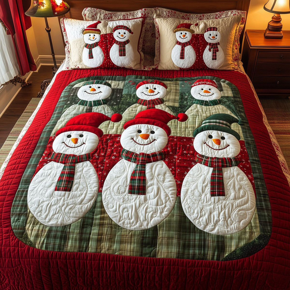 Winter Snowman Magic quilted 3-piece bedding set on a made bed in a winter-styled bedroom