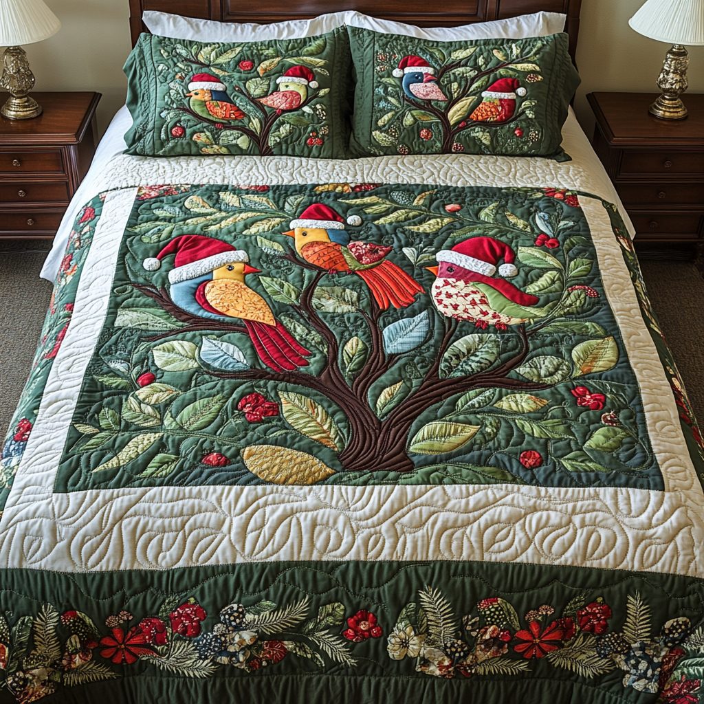 Winter Songbirds quilted 3-piece bedding set on a made bed in a winter-styled bedroom