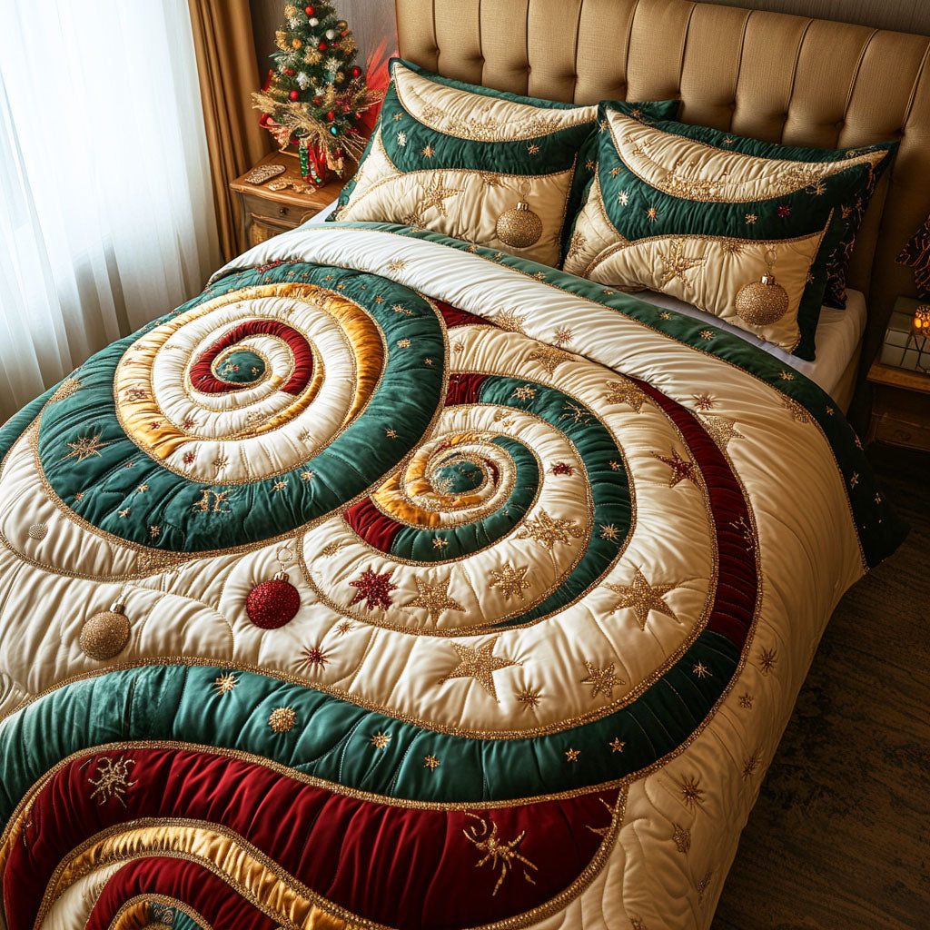 Winter Spark quilted 3-piece bedding set on a made bed in a winter-styled bedroom