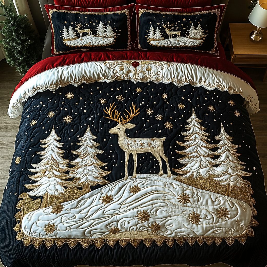 Winter Stag quilted 3-piece bedding set on a made bed in a winter-styled bedroom
