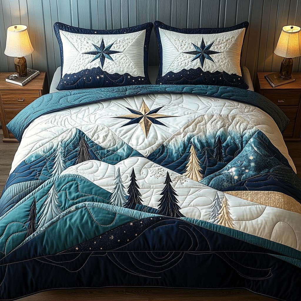 Winter Star quilted 3-piece bedding set on a made bed in a winter-styled bedroom