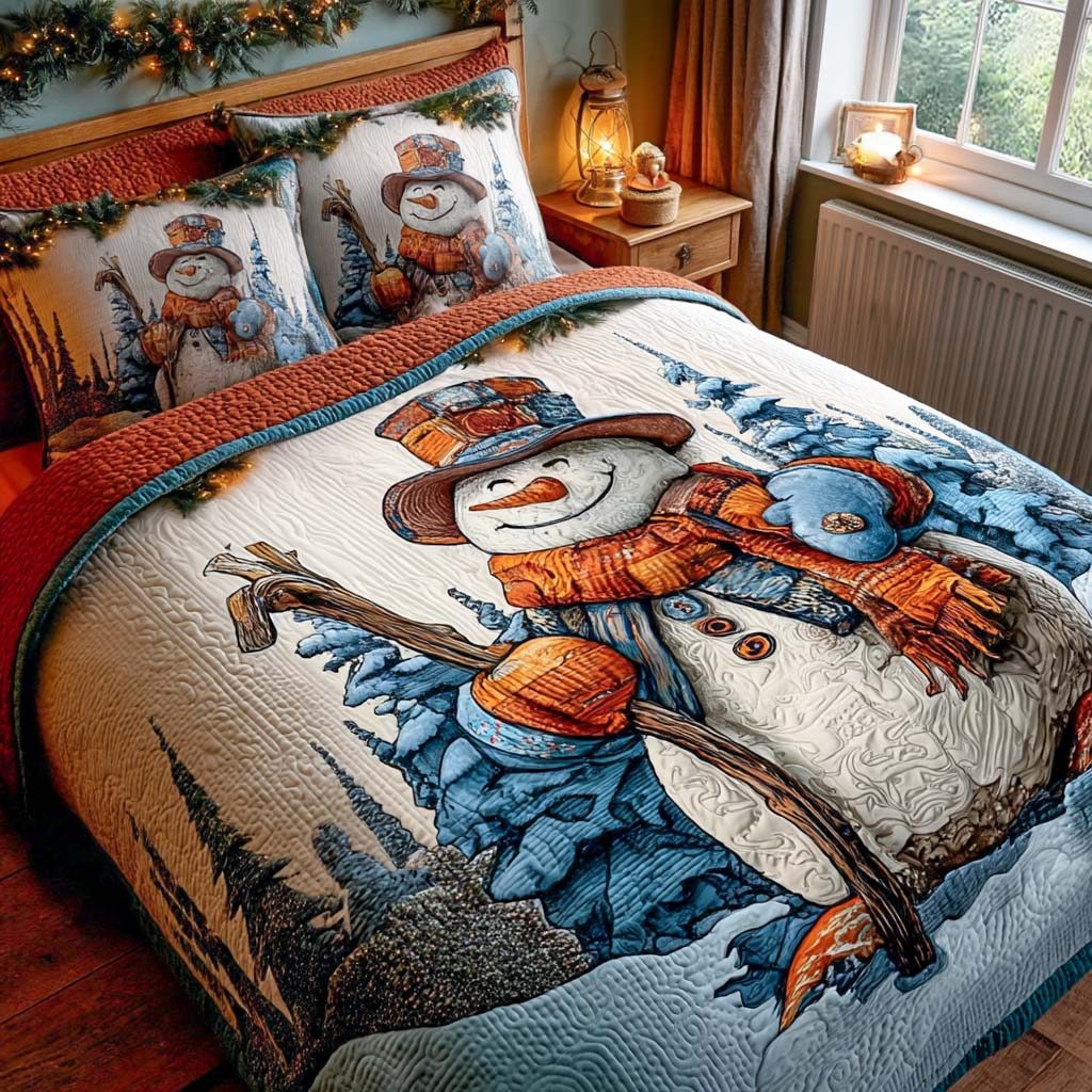 Winter Stroll quilted 3-piece bedding set on a made bed in a winter-styled bedroom