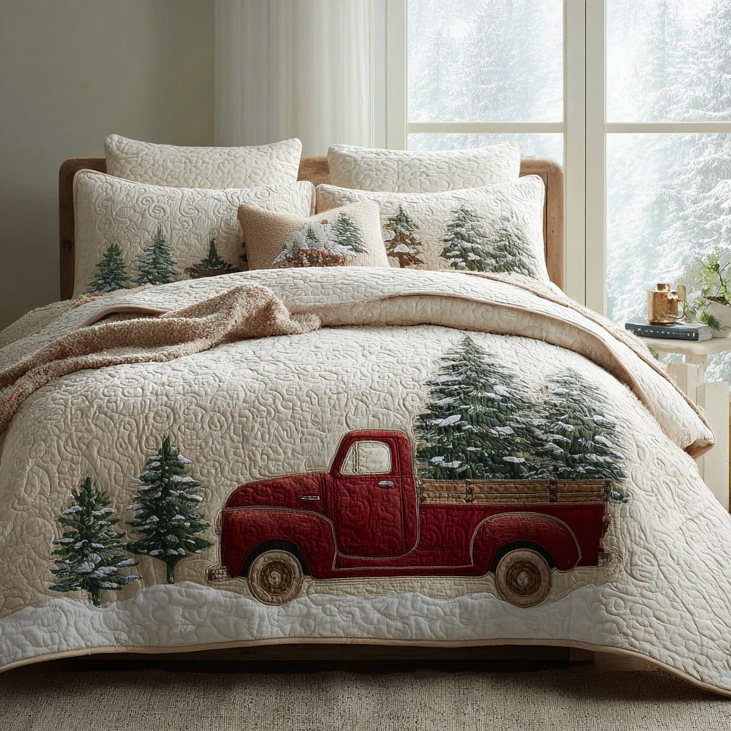 Winter Truck quilted 3-piece bedding set on a made bed in a winter-styled bedroom