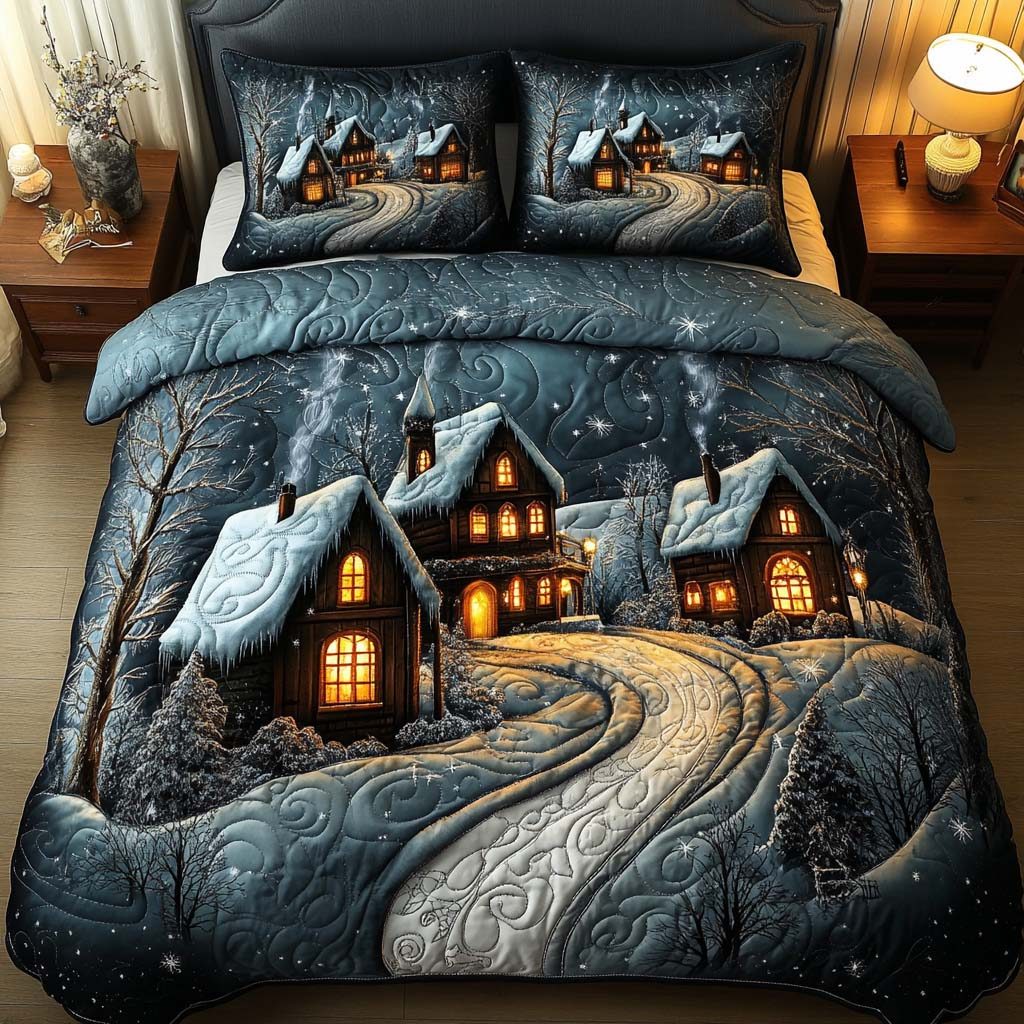Winter Village quilted 3-piece bedding set on a made bed in a winter-styled bedroom