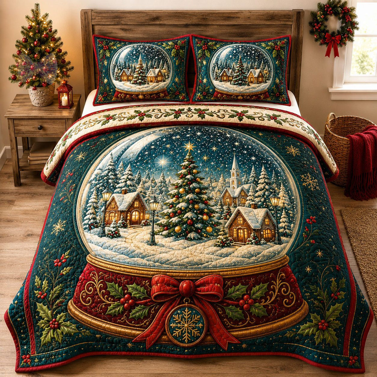 Winter Village Wonder quilted 3-piece bedding set on a made bed in a winter-styled bedroom