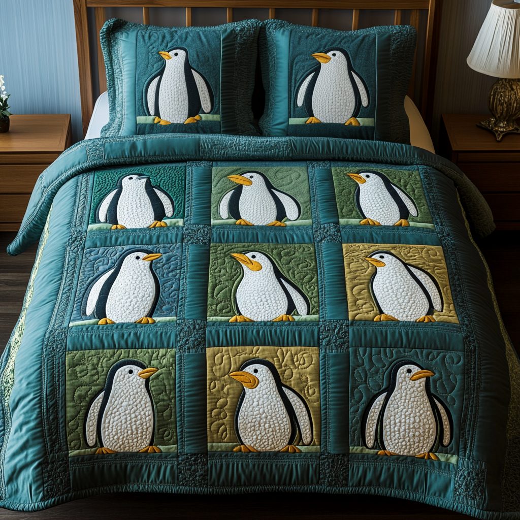 Winter Waddle quilted 3-piece bedding set on a made bed in a winter-styled bedroom