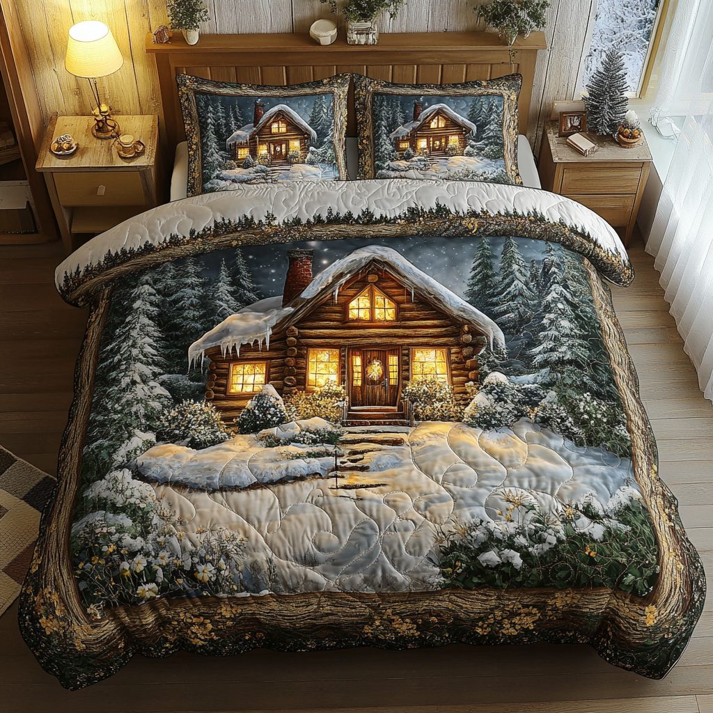 Winter Warmth quilted 3-piece bedding set on a made bed in a winter-styled bedroom