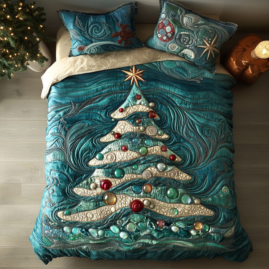 Winter Waves quilted 3-piece bedding set on a made bed in a winter-styled bedroom