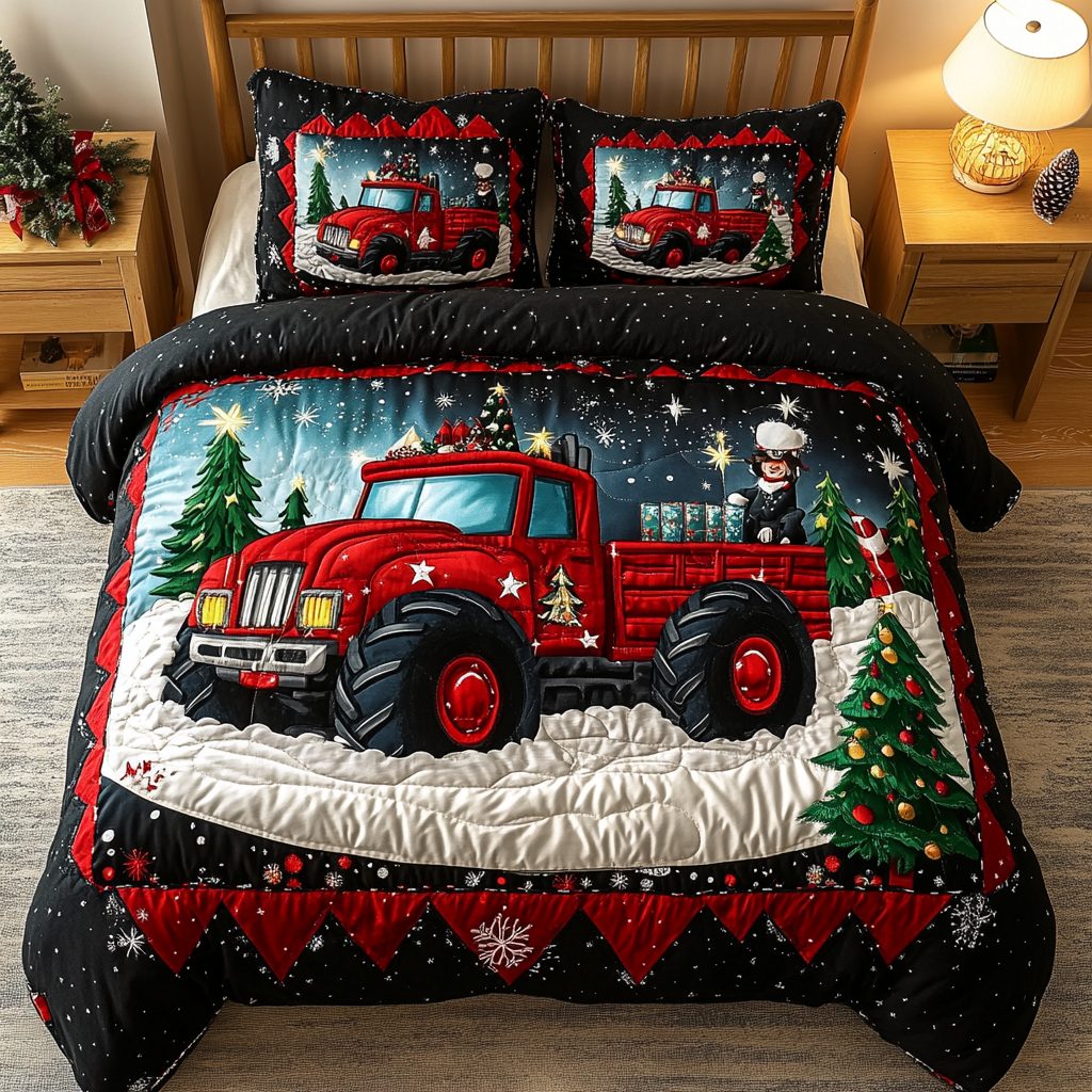 Winter Wheels quilted 3-piece bedding set on a made bed in a winter-styled bedroom