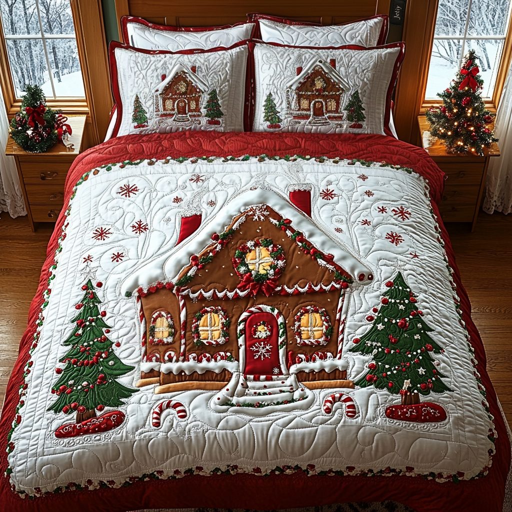 Winter Whimsy quilted 3-piece bedding set on a made bed in a winter-styled bedroom