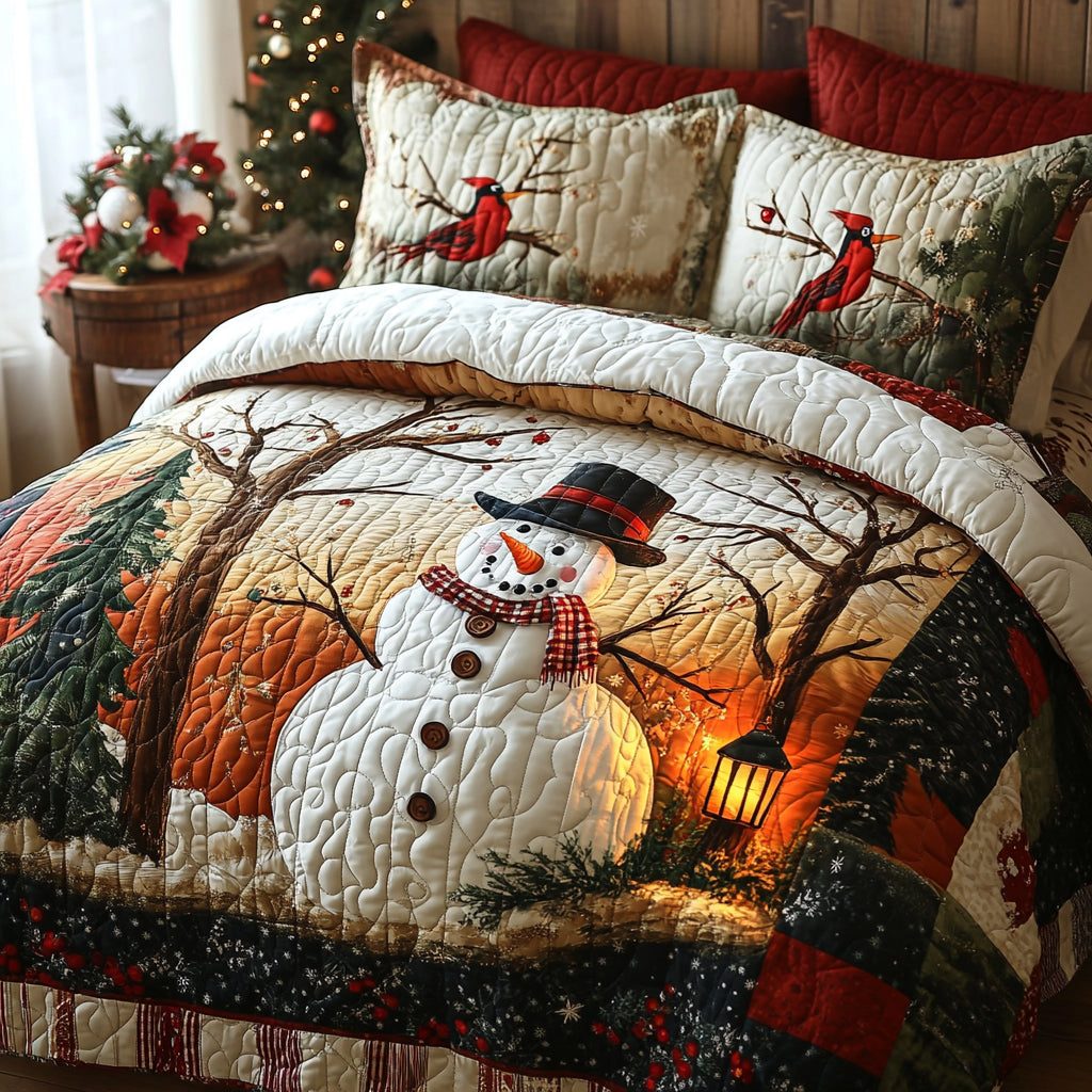 Winter Whispers quilted 3-piece bedding set on a made bed in a winter-styled bedroom