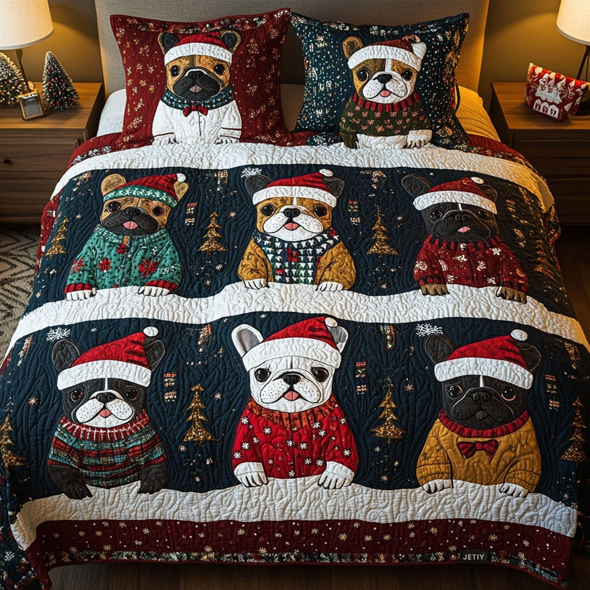 Winter Whispers quilted 3-piece bedding set on a made bed in a winter-styled bedroom