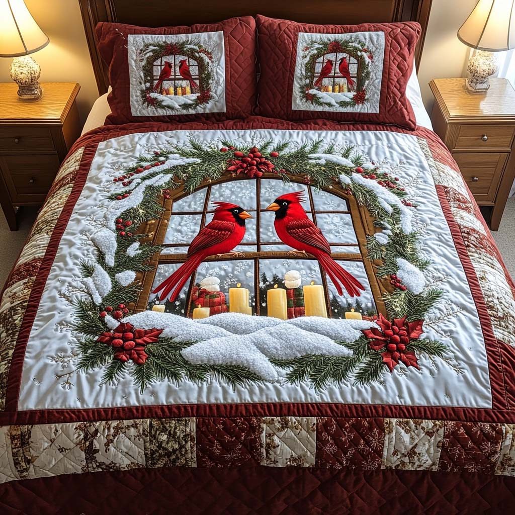 Winter Window quilted 3-piece bedding set on a made bed in a winter-styled bedroom