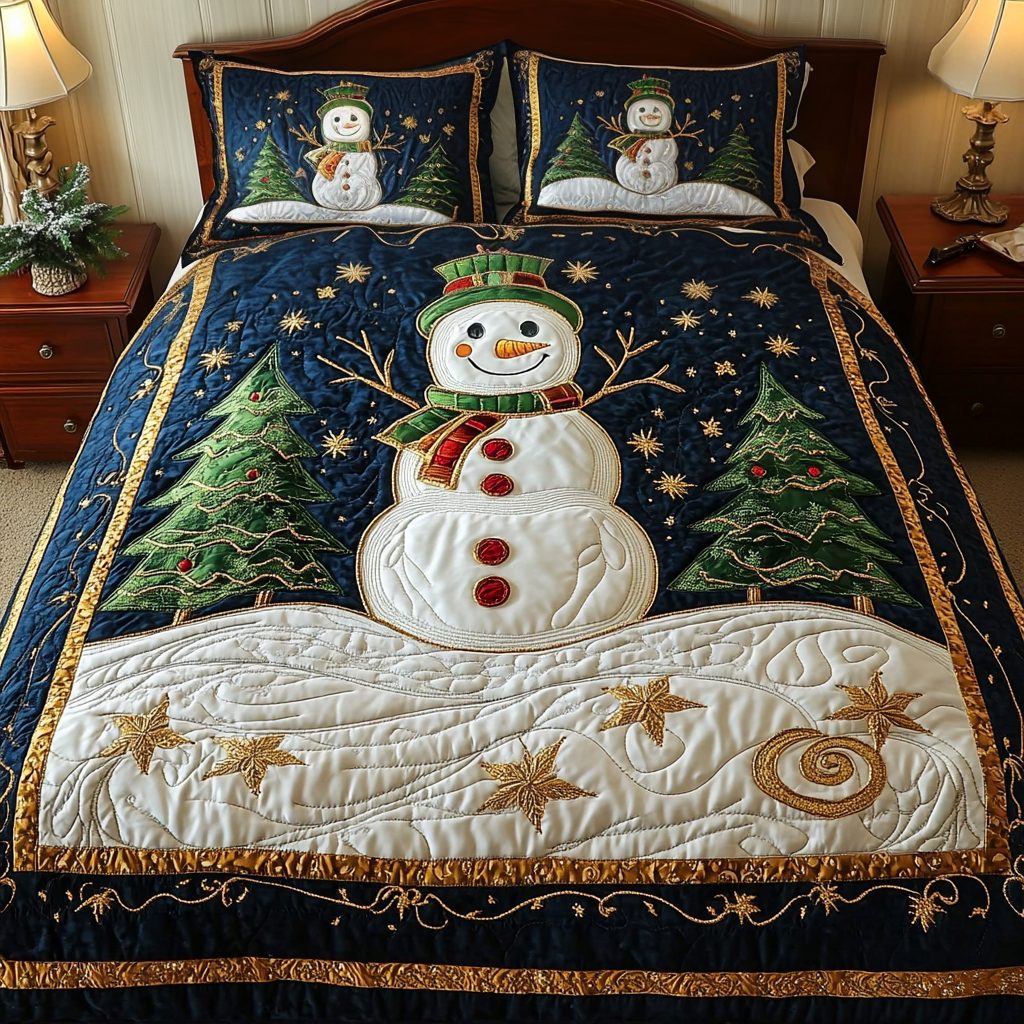 Winter Wishes quilted 3-piece bedding set on a made bed in a winter-styled bedroom