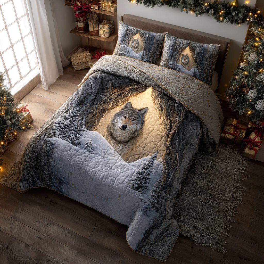 Winter Wolf Haven quilted 3-piece bedding set on a made bed in a winter-styled bedroom