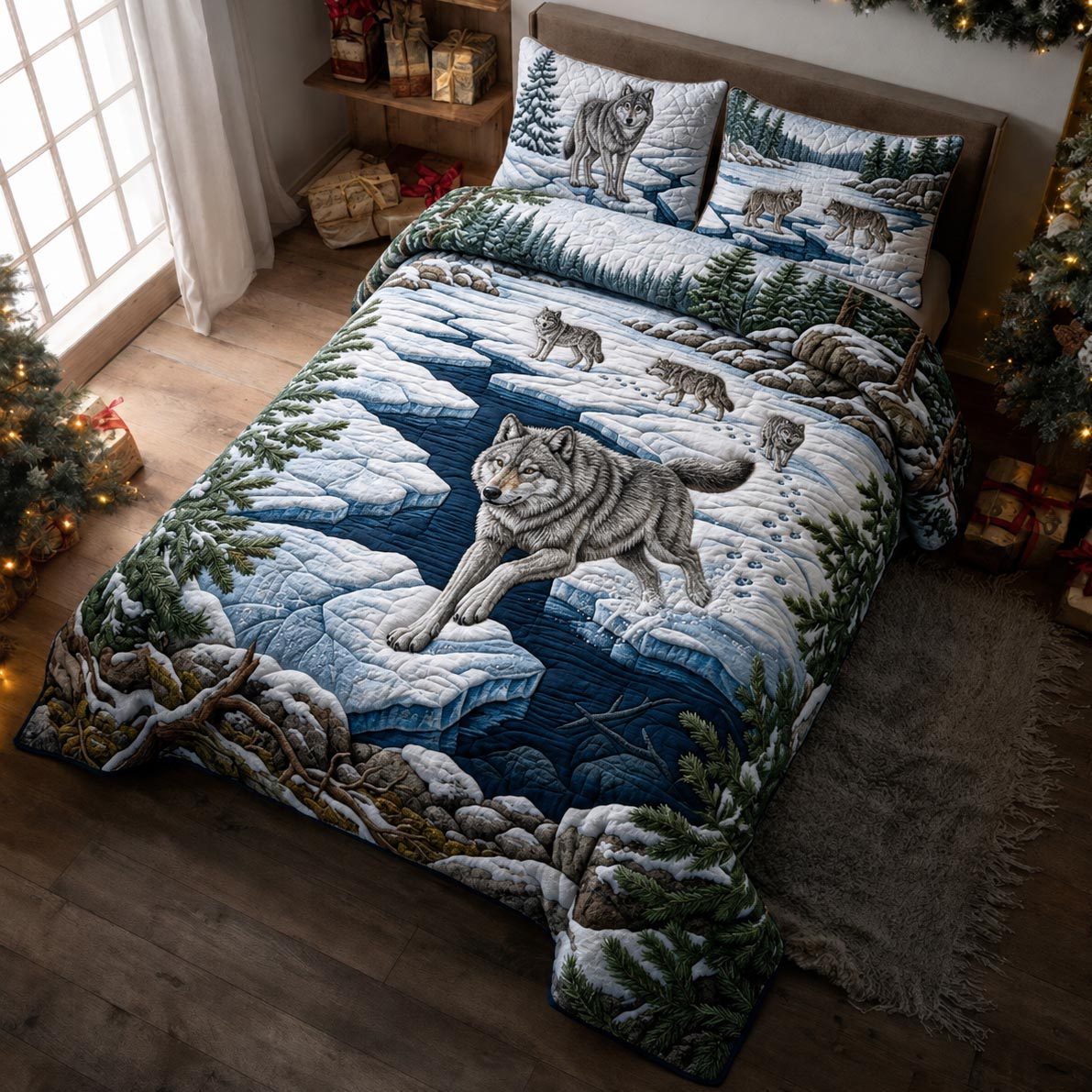 Winter Wolf quilted 3-piece bedding set on a made bed in a winter-styled bedroom
