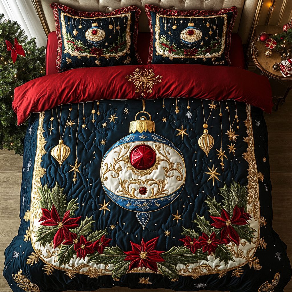 Winter Wonderland Luxe quilted 3-piece bedding set on a made bed in a winter-styled bedroom