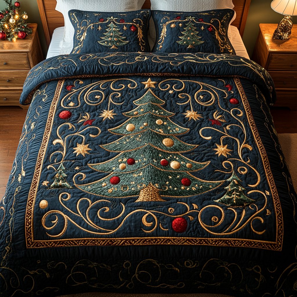 Winter Wonderland Pine quilted 3-piece bedding set on a made bed in a winter-styled bedroom