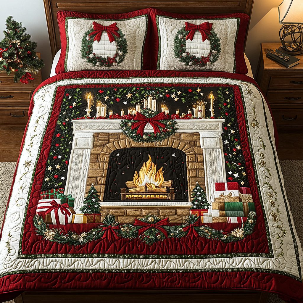 Winter Wonderland quilted 3-piece bedding set on a made bed in a winter-styled bedroom