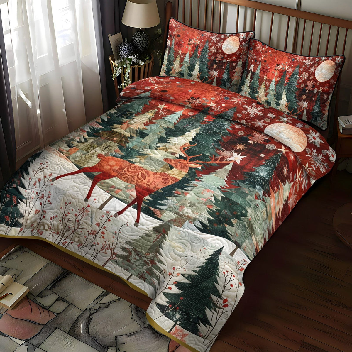 Winter Wonderland quilted 3-piece bedding set on a made bed in a winter-styled bedroom
