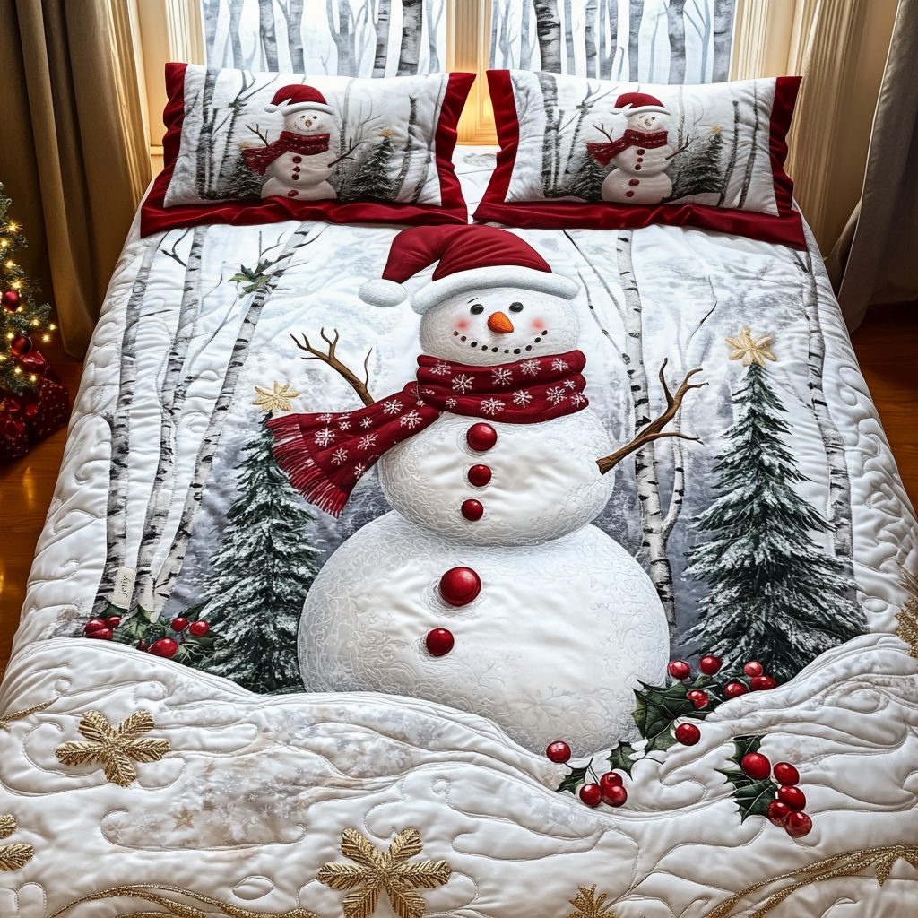 Winter Wonderland quilted 3-piece bedding set on a made bed in a winter-styled bedroom