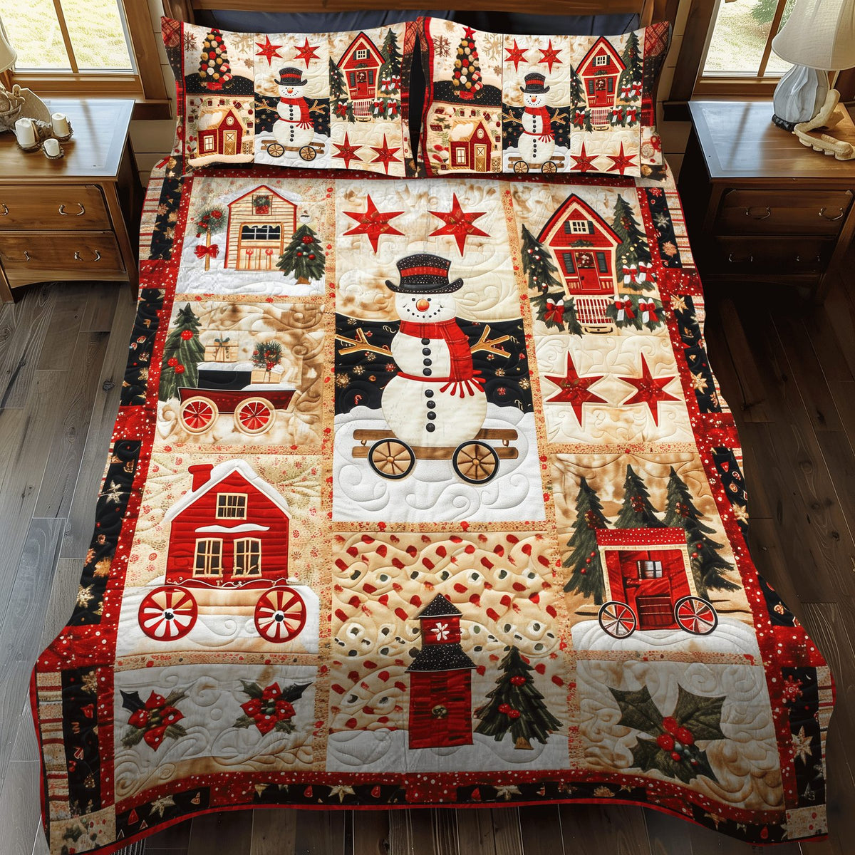 Winter Wonderland quilted 3-piece bedding set on a made bed in a winter-styled bedroom