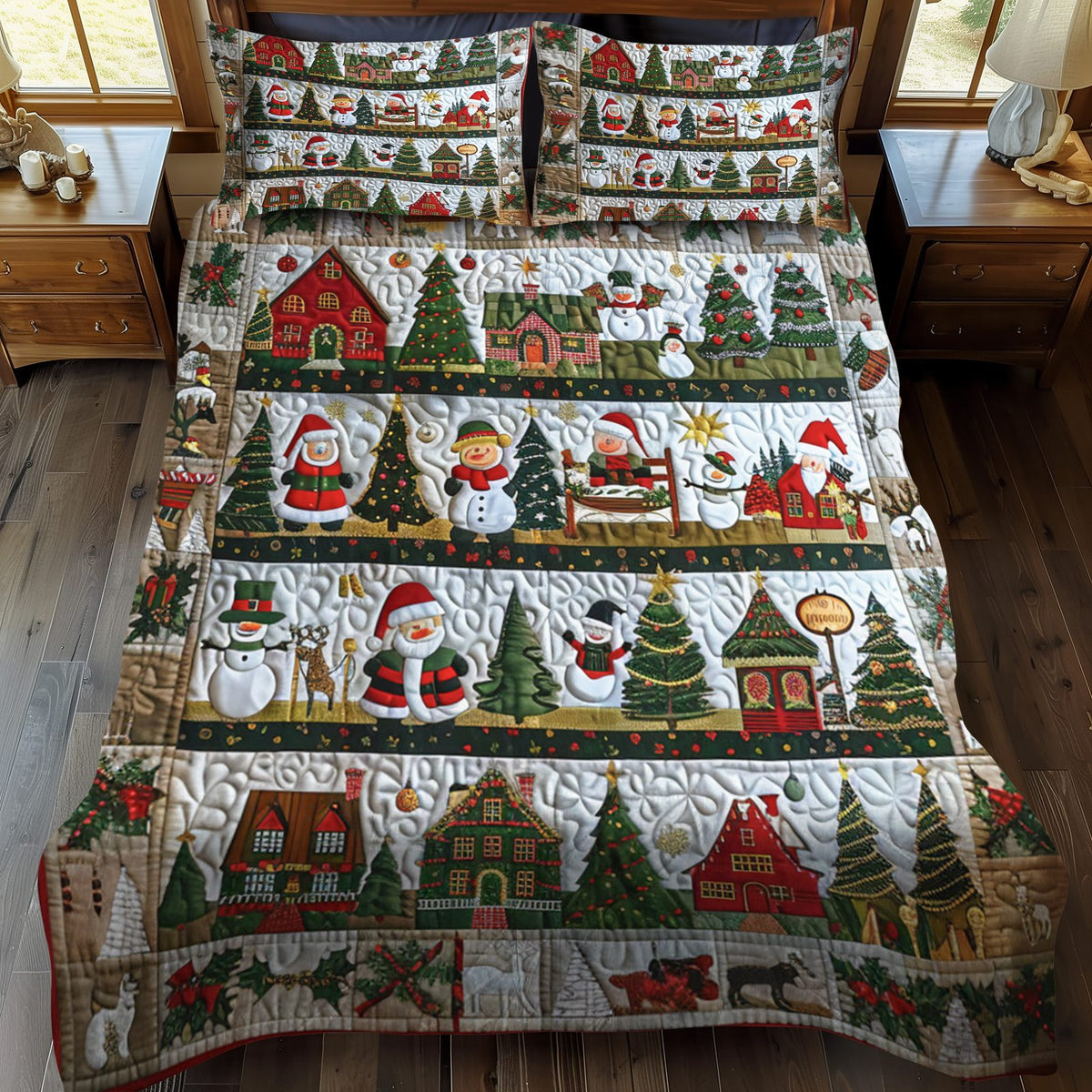 Winter Wonderland quilted 3-piece bedding set on a made bed in a winter-styled bedroom