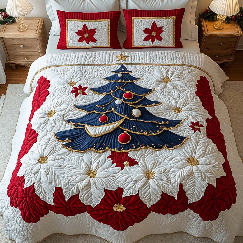 Winter Wonderland quilted 3-piece bedding set on a made bed in a winter-styled bedroom