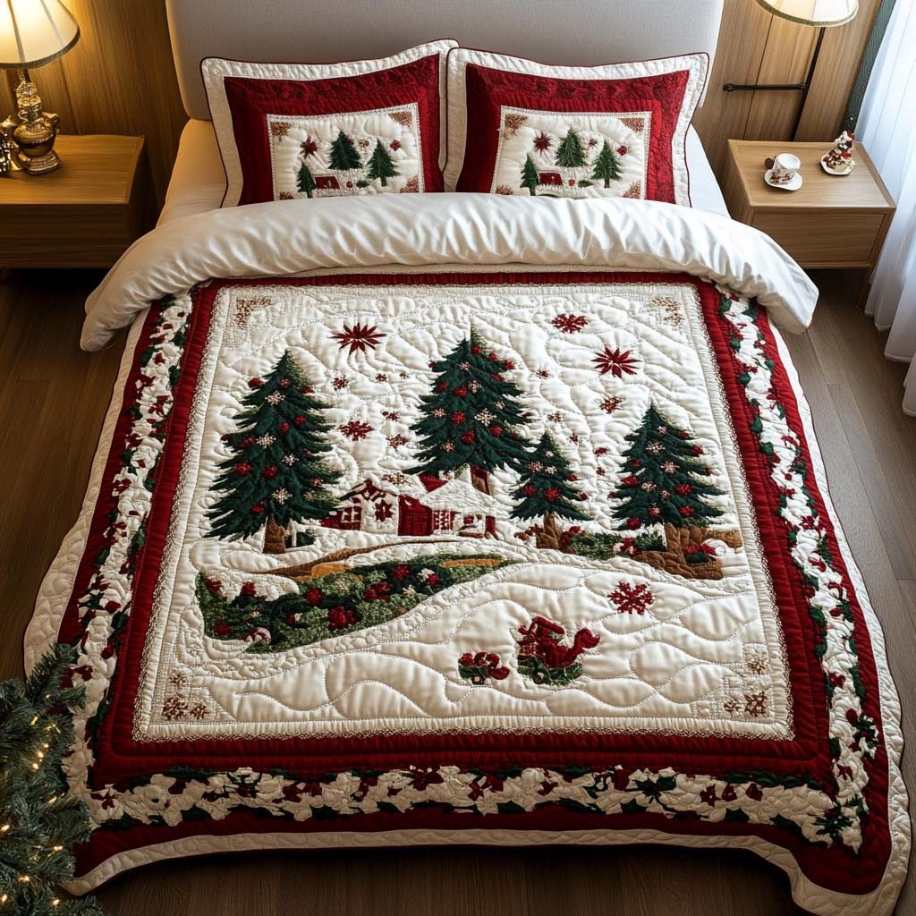 Winter Wonderland quilted 3-piece bedding set on a made bed in a winter-styled bedroom