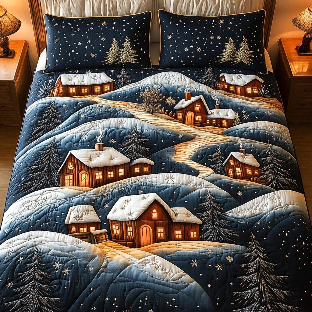 Winter Wonderland quilted 3-piece bedding set on a made bed in a winter-styled bedroom