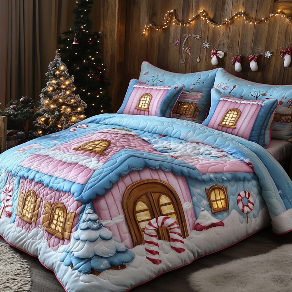 Winter Wonderland quilted 3-piece bedding set on a made bed in a winter-styled bedroom