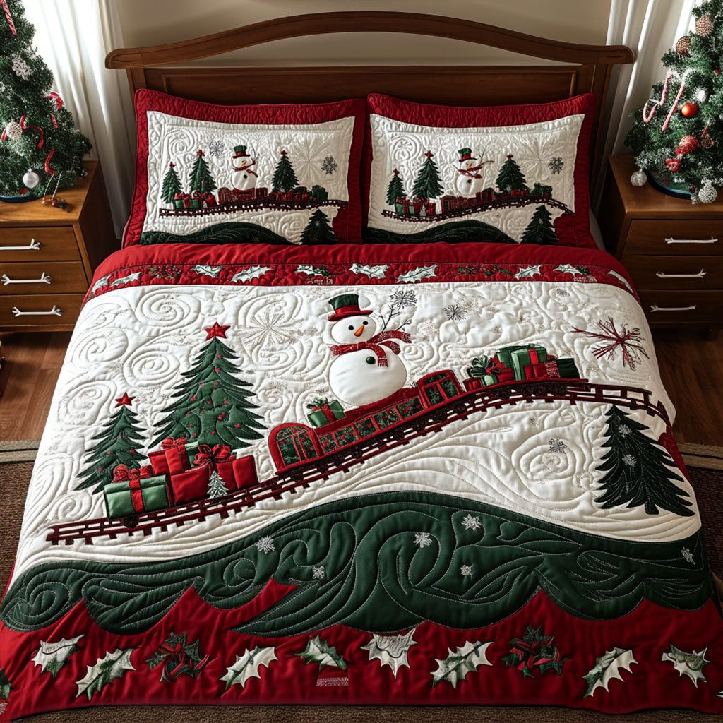Winter Wonderland Tracks quilted 3-piece bedding set on a made bed in a winter-styled bedroom